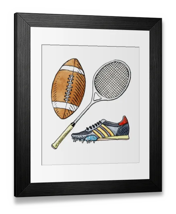 Framed Print : Illustration of rugby ball, tennis racquet, football boot Framed Print : Illustration of rugby ball, tennis racquet, football boot