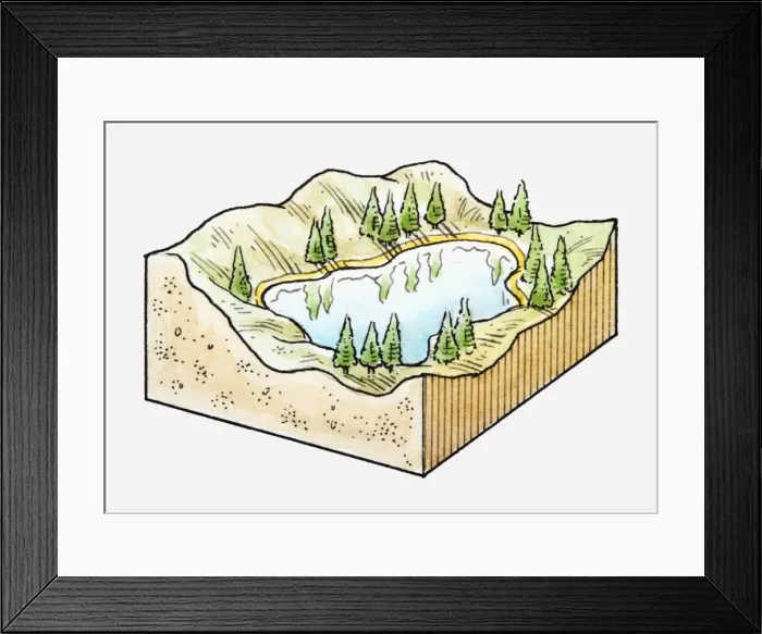 Framed Print : Three-dimensional illustration of mountain lake surrounded by forest Framed Print : Three-dimensional illustration of mountain lake surrounded by forest