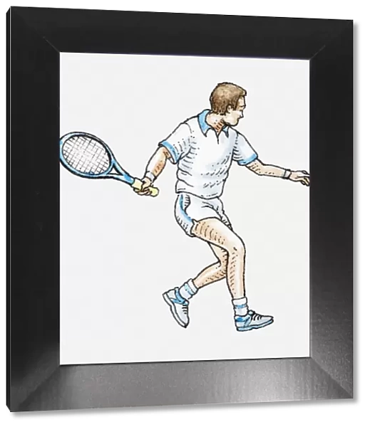 Illustration of tennis player holding racquet, looking away