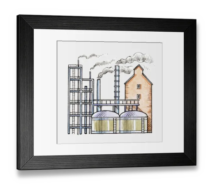 Framed Print : Illustration of factory with smoke rising from chimneys Framed Print : Illustration of factory with smoke rising from chimneys