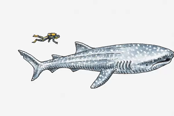 Illustration of diver near whale shark