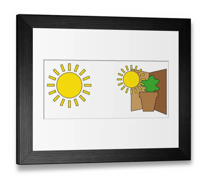 Framed Print : Digital illustration of sun, and sun shining on plant in pot in corner Framed Print : Digital illustration of sun, and sun shining on plant in pot in corner