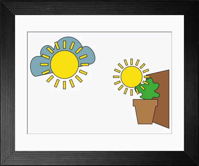 Framed Print : Digital illustration of sun and cloud, and sun shining on plant in plant pot