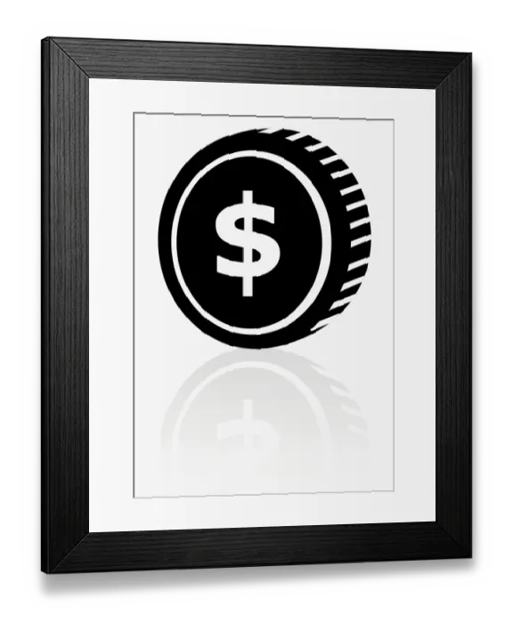 Framed Print : Black and white illustration of dollar symbol on coin Framed Print : Black and white illustration of dollar symbol on coin