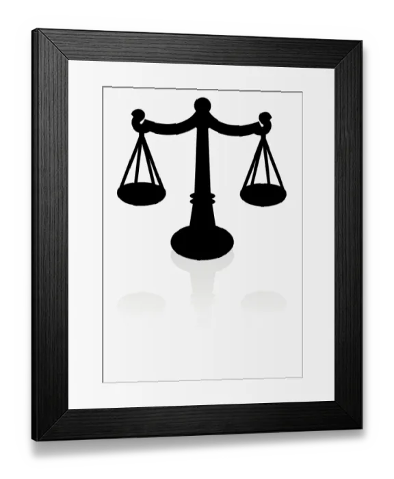 Framed Print : Black and white illustration of balanced scales Framed Print : Black and white illustration of balanced scales