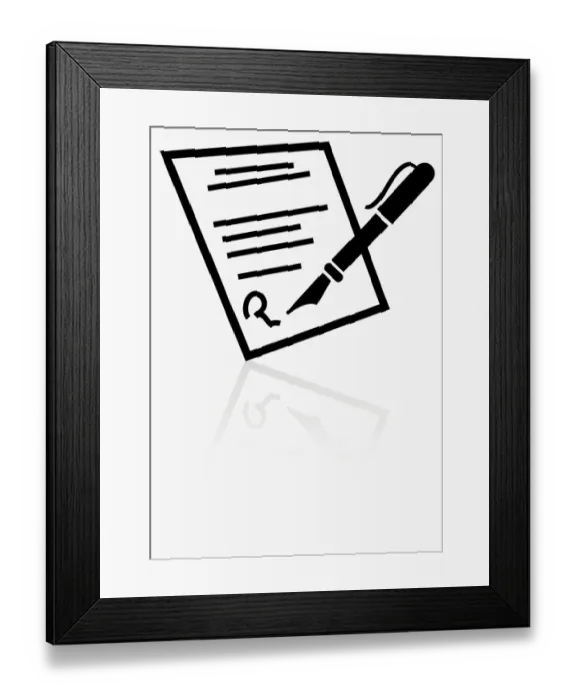 Framed Print : Black and white illustration of fountain pen and signed agreement Framed Print : Black and white illustration of fountain pen and signed agreement