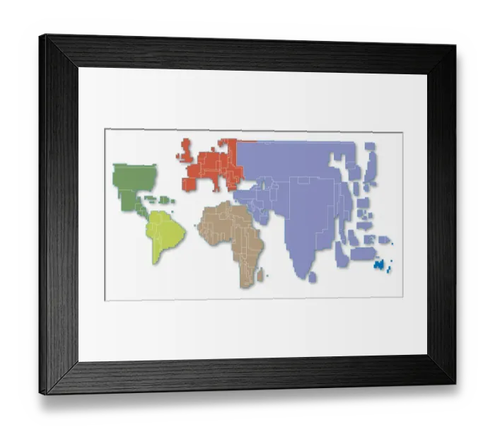 Framed Print : Digital illustration of world population cartogram Framed Print : Digital illustration of world population cartogram