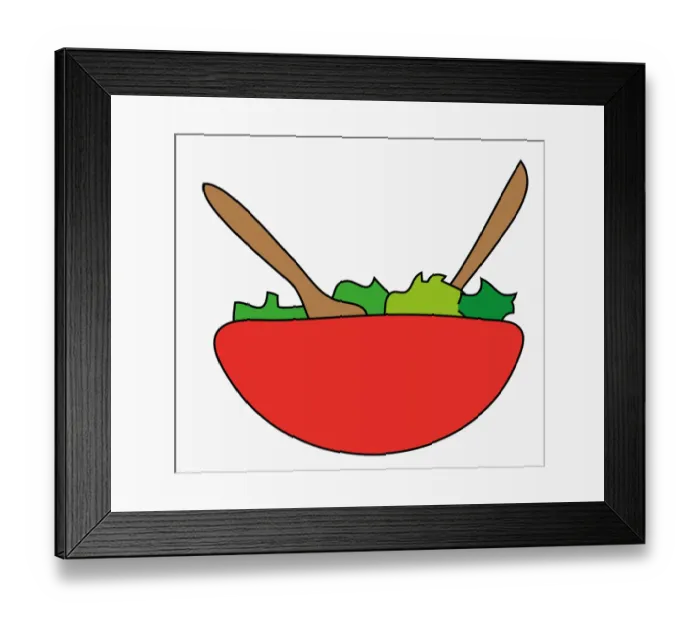 Framed Print : Digital illustration of green salad and wooden servers in bright red bowl Framed Print : Digital illustration of green salad and wooden servers in bright red bowl