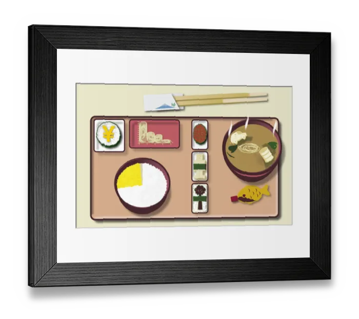 Framed Print : Digital illustration of traditional Japanese meal on tray and chopsticks Framed Print : Digital illustration of traditional Japanese meal on tray and chopsticks