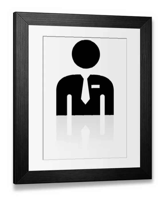 Framed Print : Black and white illustration representing shop assistant wearing name tag on shirt Framed Print : Black and white illustration representing shop assistant wearing name tag on shirt