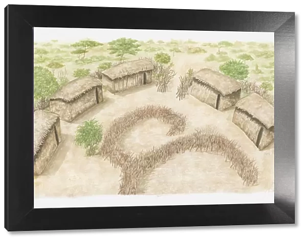 Illustration of a Manyatta where a Msai family would live