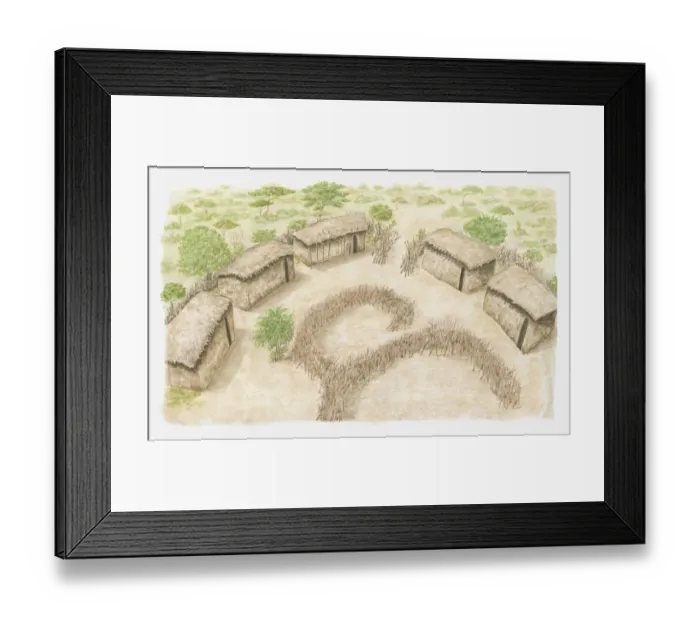 Framed Print : Illustration of a Manyatta where a Msai family would live Framed Print : Illustration of a Manyatta where a Msai family would live