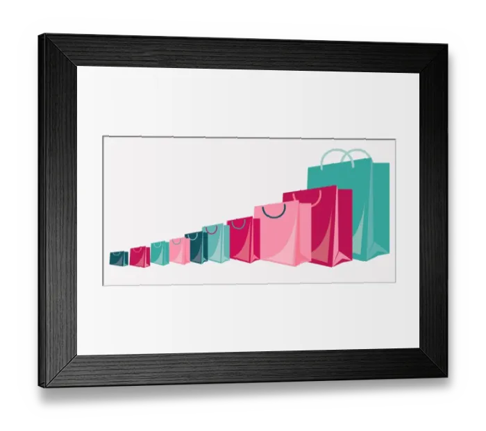 Framed Print : Digital illustration showing row of shopping bags of various sizes and colours Framed Print : Digital illustration showing row of shopping bags of various sizes and colours