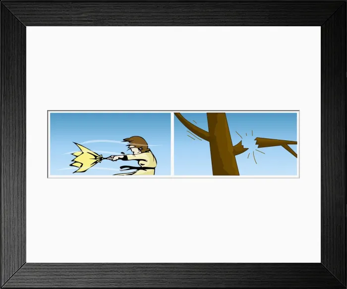 Framed Print : Digital illustrations of woman strugging to hold onto umbrella blown inside out by strong winds, and branch breaking from tree Framed Print : Digital illustrations of woman strugging to hold onto umbrella blown inside out by strong winds, and branch breaking from tree