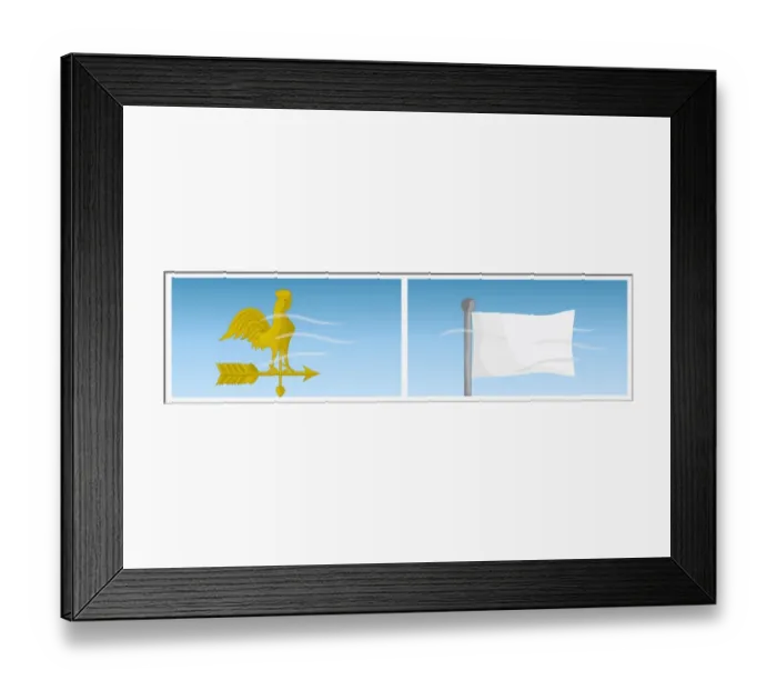 Framed Print : Digital illustration of showing wind rotating weather vane and making white flag flutter Framed Print : Digital illustration of showing wind rotating weather vane and making white flag flutter