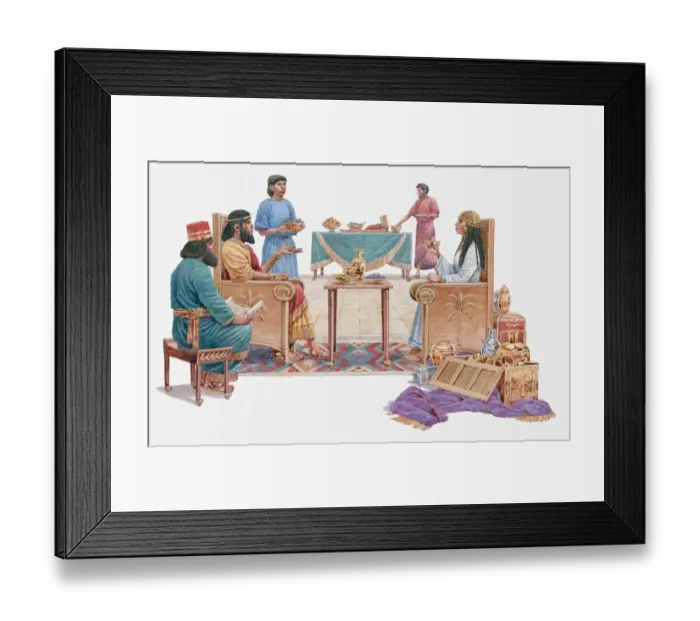 Framed Print : Illustration of Queen of Sheba talking to Solomon, surrounded by servants, gifts on the floor, Book of Kings Framed Print : Illustration of Queen of Sheba talking to Solomon, surrounded by servants, gifts on the floor, Book of Kings