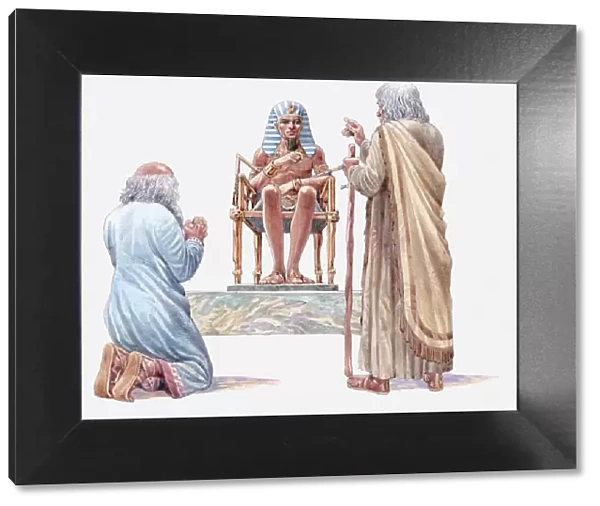 Illustration of Moses and Aaron talking to Pharaoh, asking him to release the Isrealites, Book of Exodus