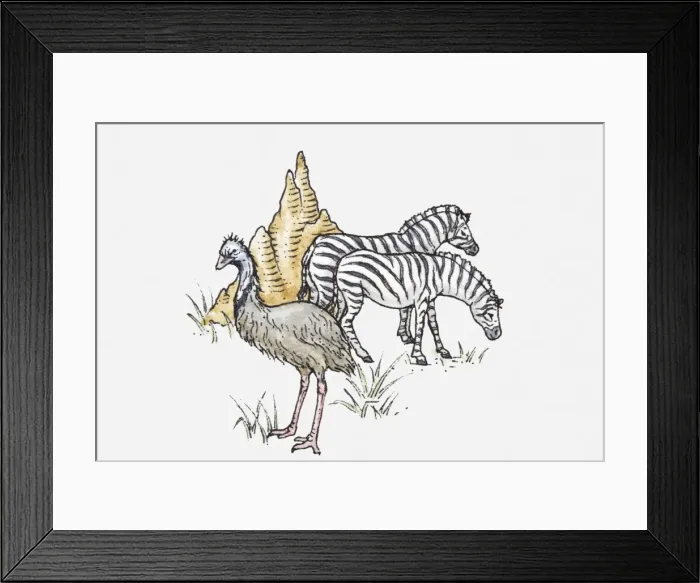 Framed Print : Illustration of two zebras, an emu, and a termite nest, illustrating grassland wildlife
