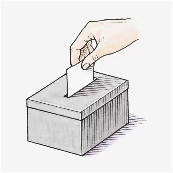 Illustration of hand placing voting slip in ballot box