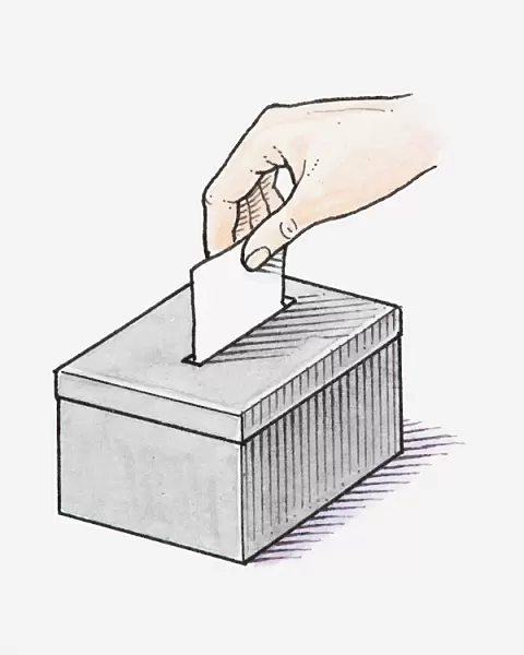 Illustration of hand placing voting slip in ballot box