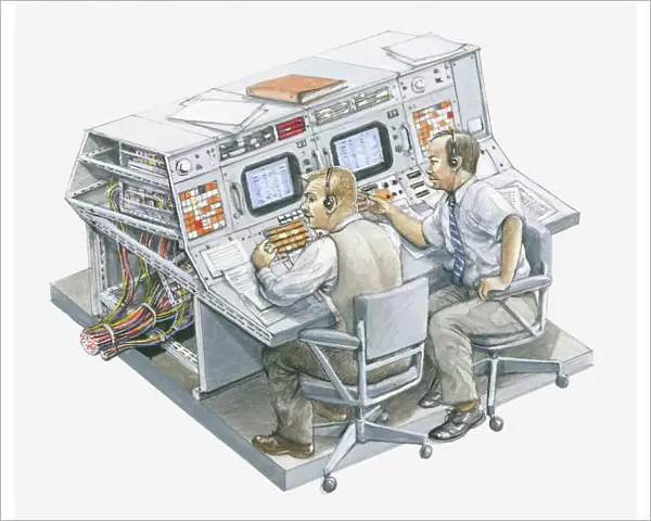 Illustration of two men in Apollo 11 control room