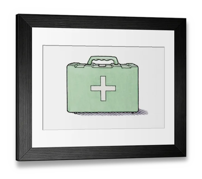 Framed Print : Illustration of green first aid case with white cross on front Framed Print : Illustration of green first aid case with white cross on front