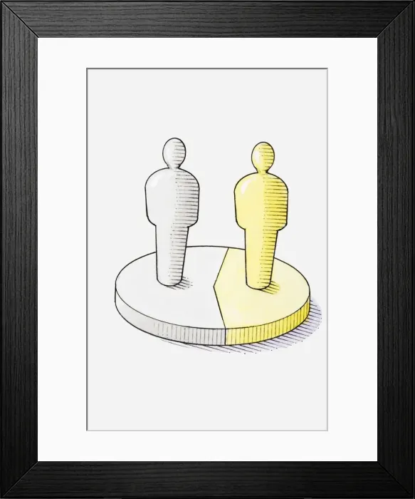 Framed Print : Illustration of white and yellow figures on pie chart Framed Print : Illustration of white and yellow figures on pie chart
