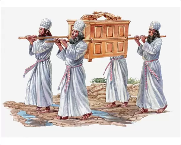 Illustration of four priests carrying the Ark of the Covenant and crossing the River Jordan