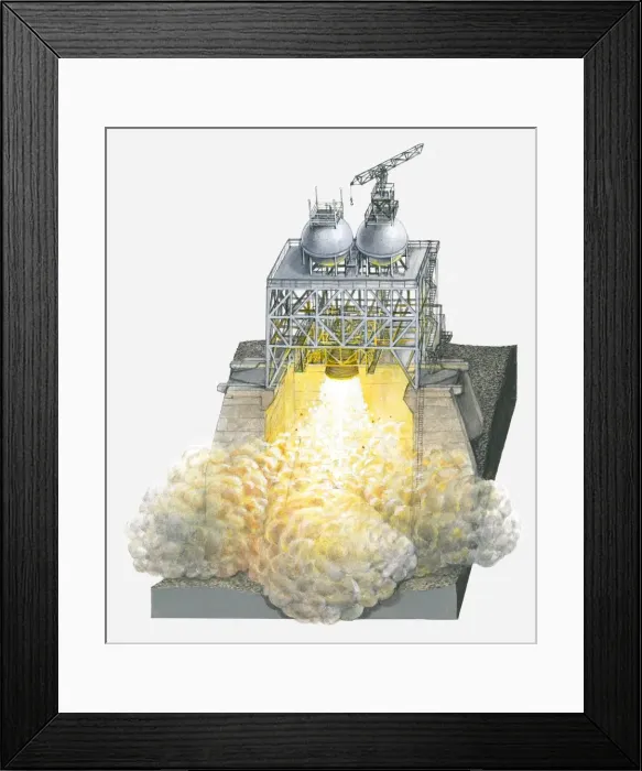 Framed Print : Illustration of rocket launch pad being tested with engines burning Framed Print : Illustration of rocket launch pad being tested with engines burning