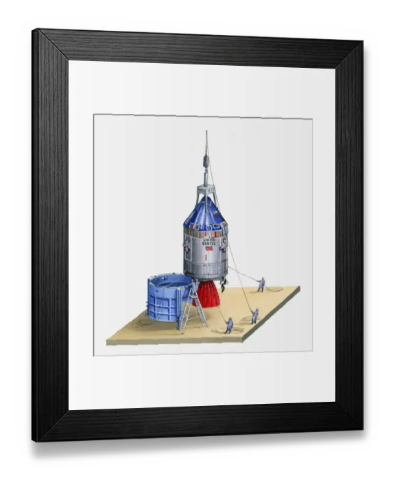 Framed Print : Illustration of Apollo 11 spacecraft being lifted into position Framed Print : Illustration of Apollo 11 spacecraft being lifted into position