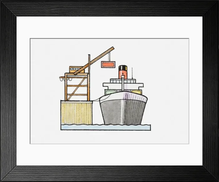 Framed Print : Illustration of ship being loaded by crane Framed Print : Illustration of ship being loaded by crane
