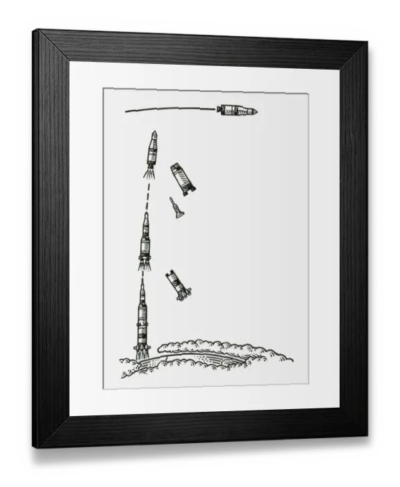 Framed Print : Black and white illustration of Saturn V rocket being launched Framed Print : Black and white illustration of Saturn V rocket being launched