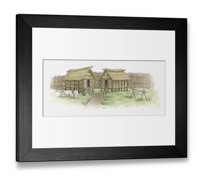 Framed Print : Illustration of huts, and sheep grazing in European village inside enclosure, c. 6000 bc Framed Print : Illustration of huts, and sheep grazing in European village inside enclosure, c. 6000 bc