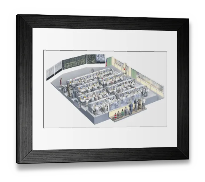 Framed Print : Illustration of the control room of the Apollo 11 space mission Framed Print : Illustration of the control room of the Apollo 11 space mission