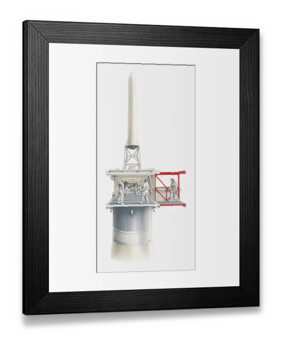 Framed Print : Illustration of astronauts entering Apollo 11 command module at the top of the Saturn V rocket Framed Print : Illustration of astronauts entering Apollo 11 command module at the top of the Saturn V rocket
