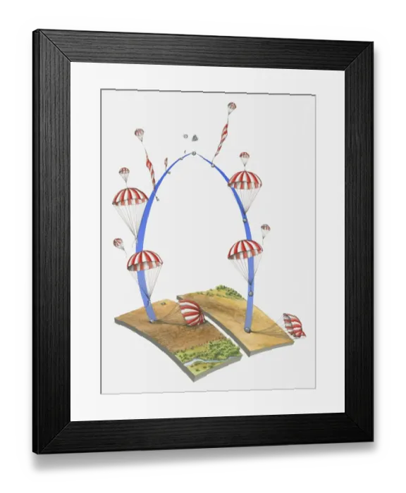 Framed Print : Illustration of Vostok 1 astronaut and space capsule landing by parachute Framed Print : Illustration of Vostok 1 astronaut and space capsule landing by parachute