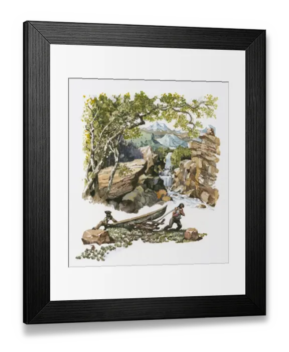 Framed Print : Illustration of two men dragging canoe on land near waterfall in mountain region Framed Print : Illustration of two men dragging canoe on land near waterfall in mountain region