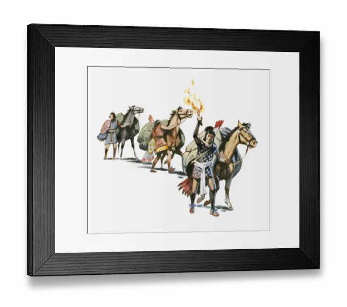 Framed Print : Illustration of Tlaxcaltec leaving city with horses and flaming torch Framed Print : Illustration of Tlaxcaltec leaving city with horses and flaming torch
