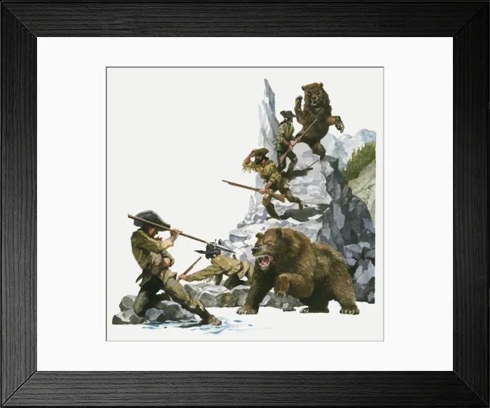 Framed Print : Illustration of 18th century explorer Meriwether Lewis and his man using spears and rifles to protect themselves from attacking bears Framed Print : Illustration of 18th century explorer Meriwether Lewis and his man using spears and rifles to protect themselves from attacking bears