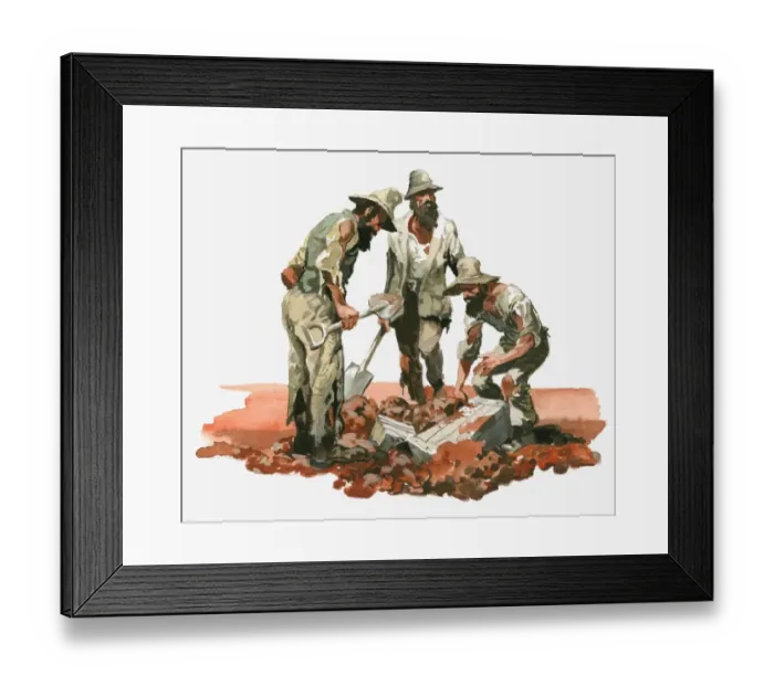 Framed Print : Illustration of Australian explorers Burke, Wills and King digging up boxes in outback with spades Framed Print : Illustration of Australian explorers Burke, Wills and King digging up boxes in outback with spades