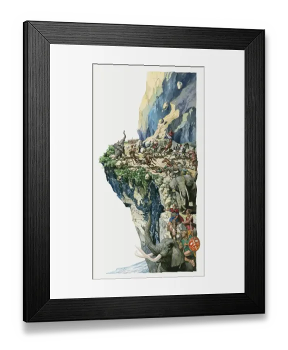 Framed Print : Illustration of Hannibal and his men crosses the alps with elephants and horses Framed Print : Illustration of Hannibal and his men crosses the alps with elephants and horses