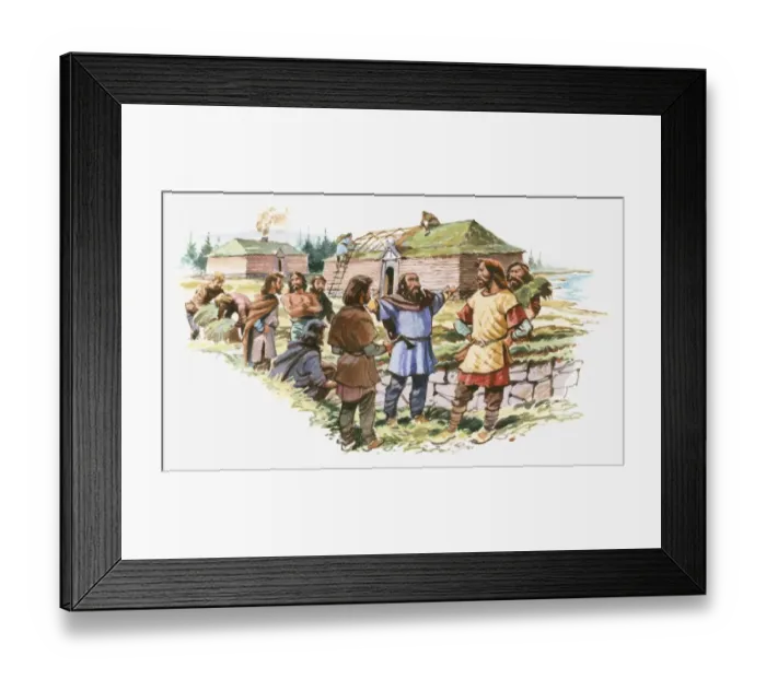 Framed Print : Illustration of Viking Leif Eriksson talking to men as his crew build houses Framed Print : Illustration of Viking Leif Eriksson talking to men as his crew build houses