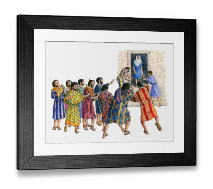 Framed Print : Illustration of angry mob of men outside house as Lot stands in doorway Framed Print : Illustration of angry mob of men outside house as Lot stands in doorway