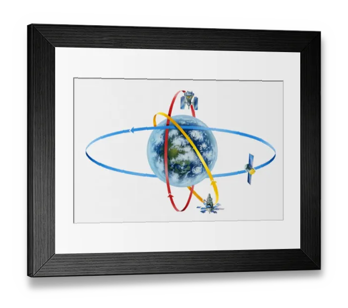 Framed Print : Illustration of satellites orbiting around the Earth Framed Print : Illustration of satellites orbiting around the Earth