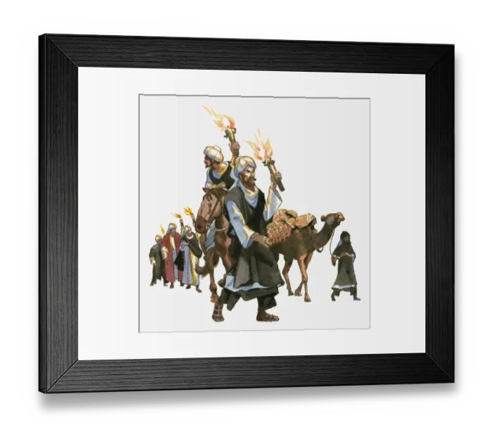 Framed Print : Illustration of Ibn Battuta and men holding flaming torches as they leave Mecca Framed Print : Illustration of Ibn Battuta and men holding flaming torches as they leave Mecca