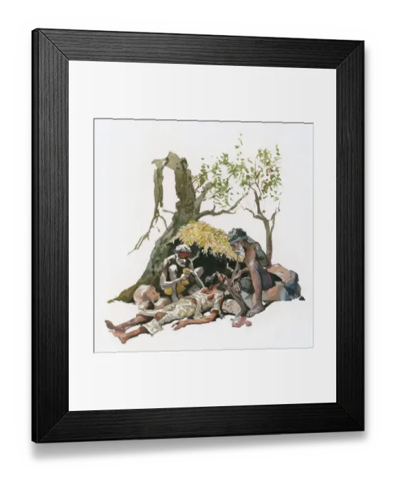 Framed Print : Illustration of Aborigine men caring for exhausted man in Australian outback Framed Print : Illustration of Aborigine men caring for exhausted man in Australian outback
