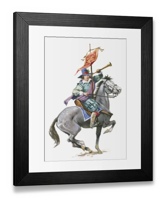 Framed Print : Illustration of Mary Frith (Moll Cutpurse) on horseback holding horn and banner