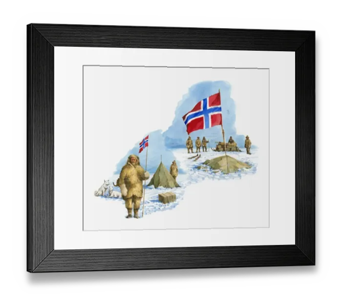 Framed Print : Illustration of Roald Amundsen with men at camp Polheim holding Norwegian flag Framed Print : Illustration of Roald Amundsen with men at camp Polheim holding Norwegian flag