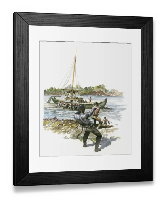 Framed Print : Illustration of men pulling boat to shore from river Framed Print : Illustration of men pulling boat to shore from river