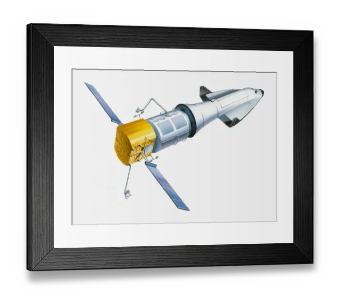 Framed Print : Illustration of a space shuttle with a piece of a space station in tow Framed Print : Illustration of a space shuttle with a piece of a space station in tow